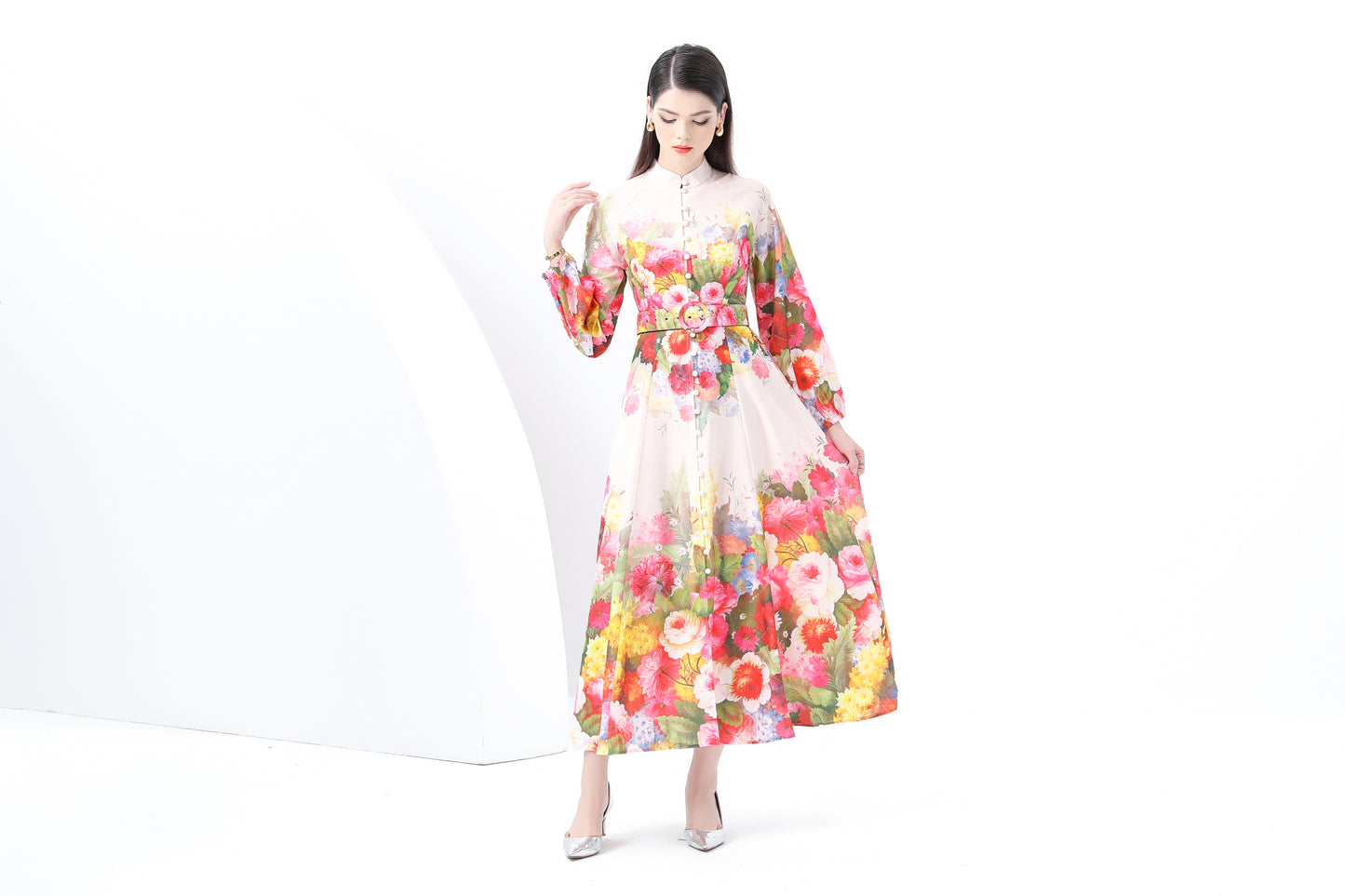 Women's Floral Print Puff Sleeve Maxi Dress