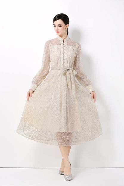 Women's Lace Lantern Sleeve Button Midi Dress