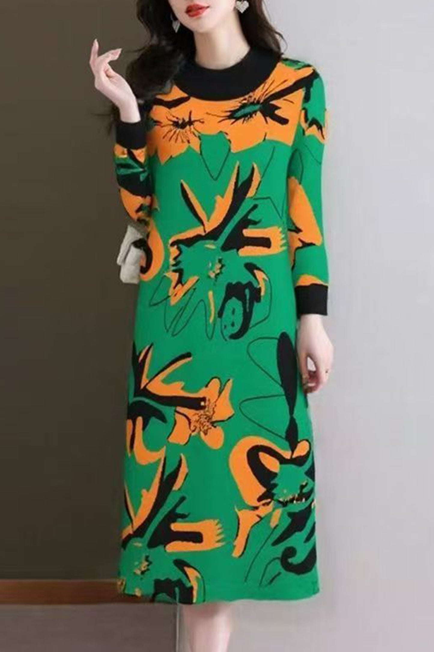 Women's Turtleneck Print Pullover Sweater Midi Dress