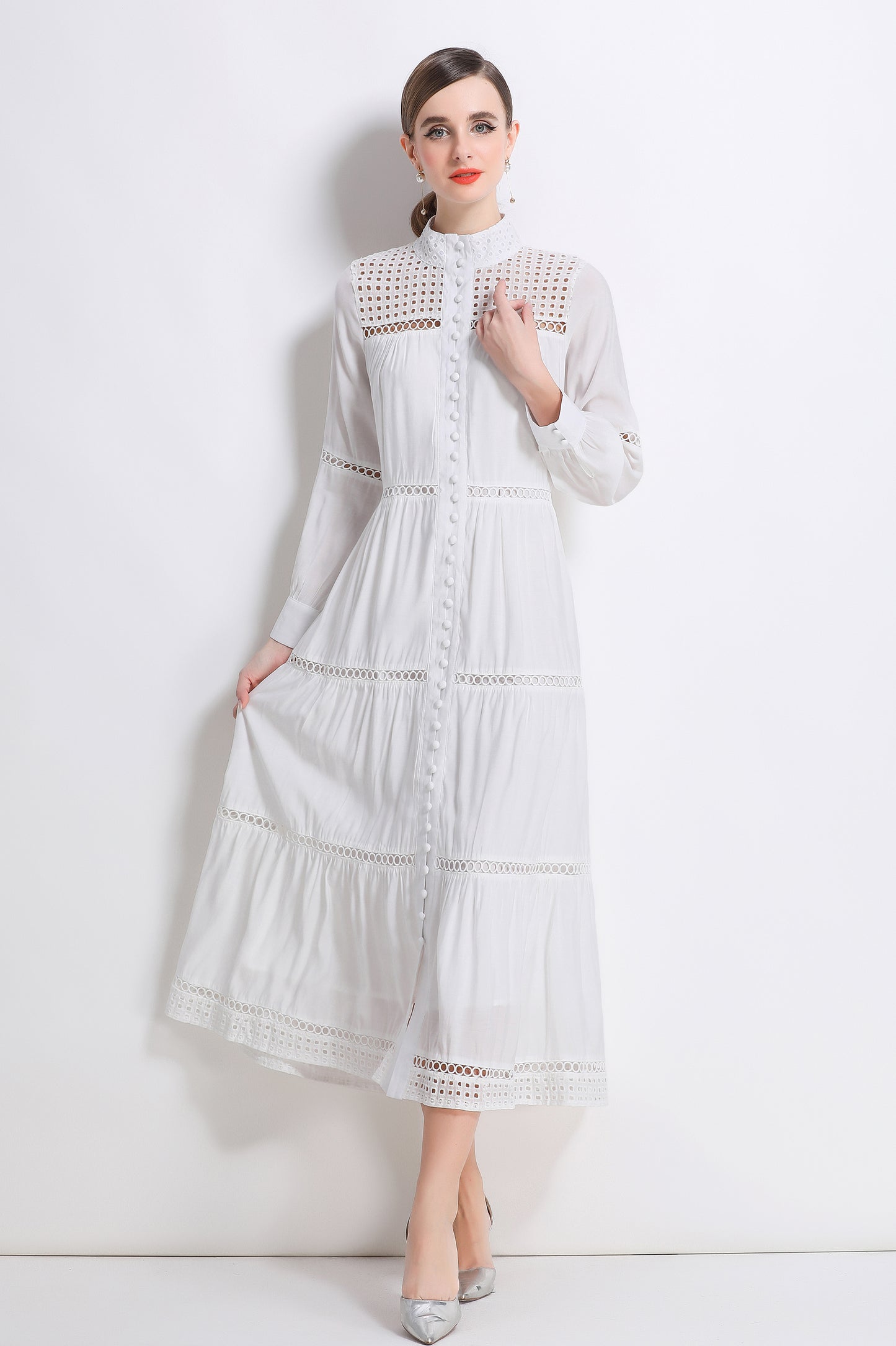 Women's Hollow Out Lace Button Long Sleeve Maxi Dress