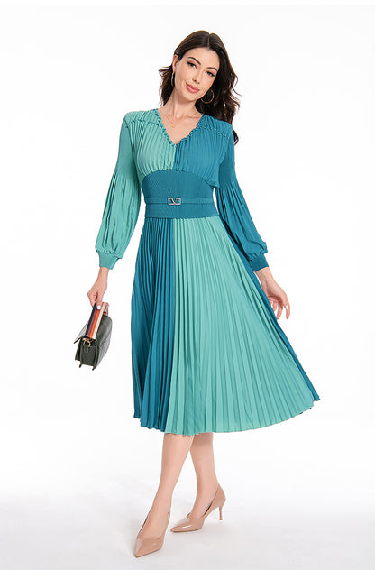 Women's Puff Sleeves V-Neck Solid Color Pleated Dress