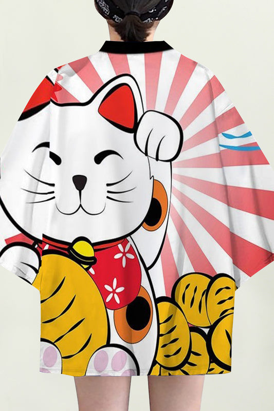 Women's Lucky Cat Cardigan Kimono Cover up Tops