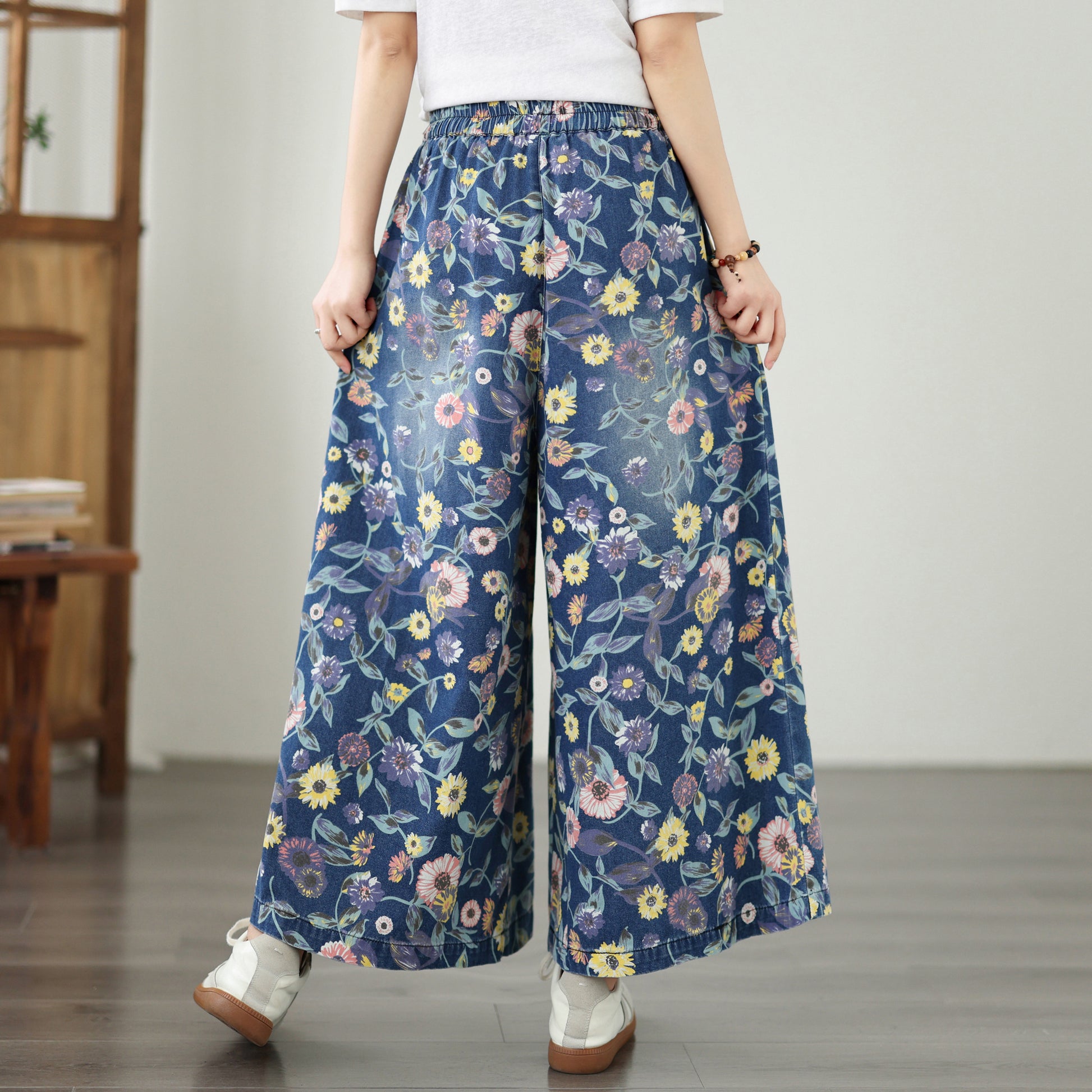 Women's Wide Leg Jeans Baggy Floral Wasited Elastic Pants - LAI MENG FIVE CATS