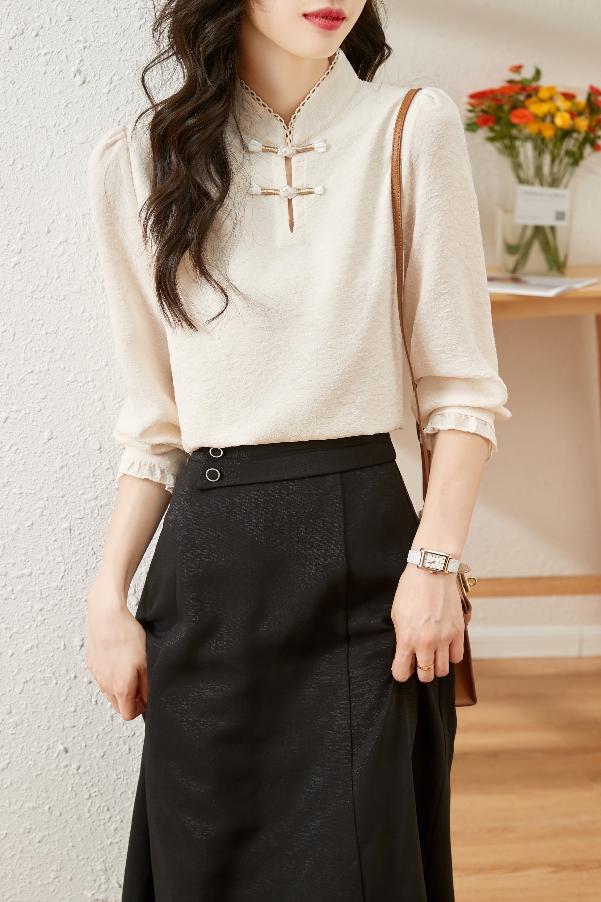 Women's Silk Satin Mandarin Collar Long Sleeve Blouse Top - LAI MENG FIVE CATS