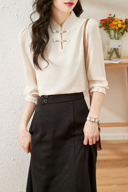 Women's Silk Satin Mandarin Collar Long Sleeve Blouse Top - LAI MENG FIVE CATS