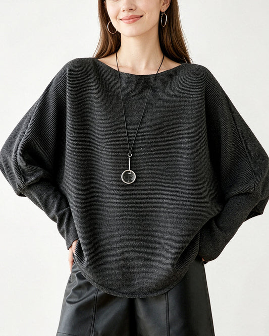 Batwing Sleeve Knit Top – Textured Boat Neck Dolman Sweater
