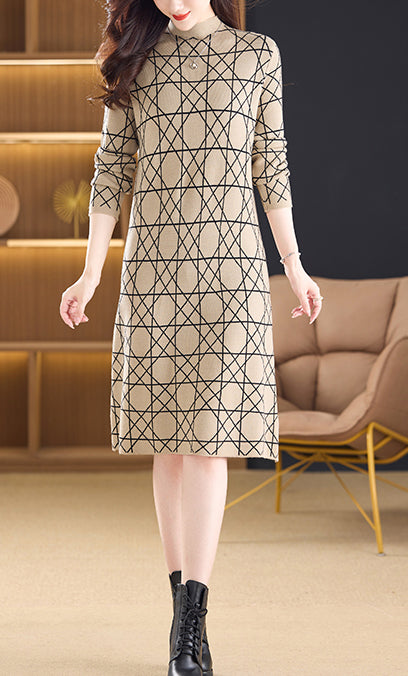 Women's Fall Long Sleeve Knitted Sweater Midi Dress