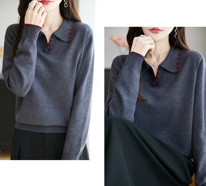 Elegant Contrast Trim Collared V-Neck Long Sleeve Knit Sweater