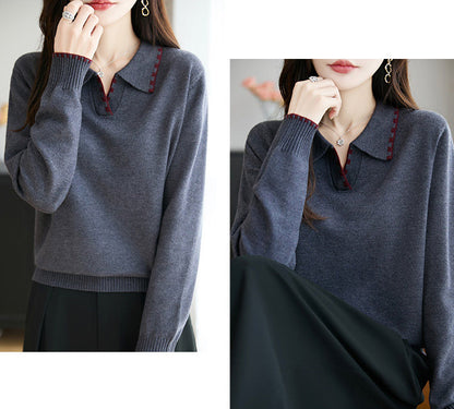 Elegant Contrast Trim Collared V-Neck Long Sleeve Knit Sweater