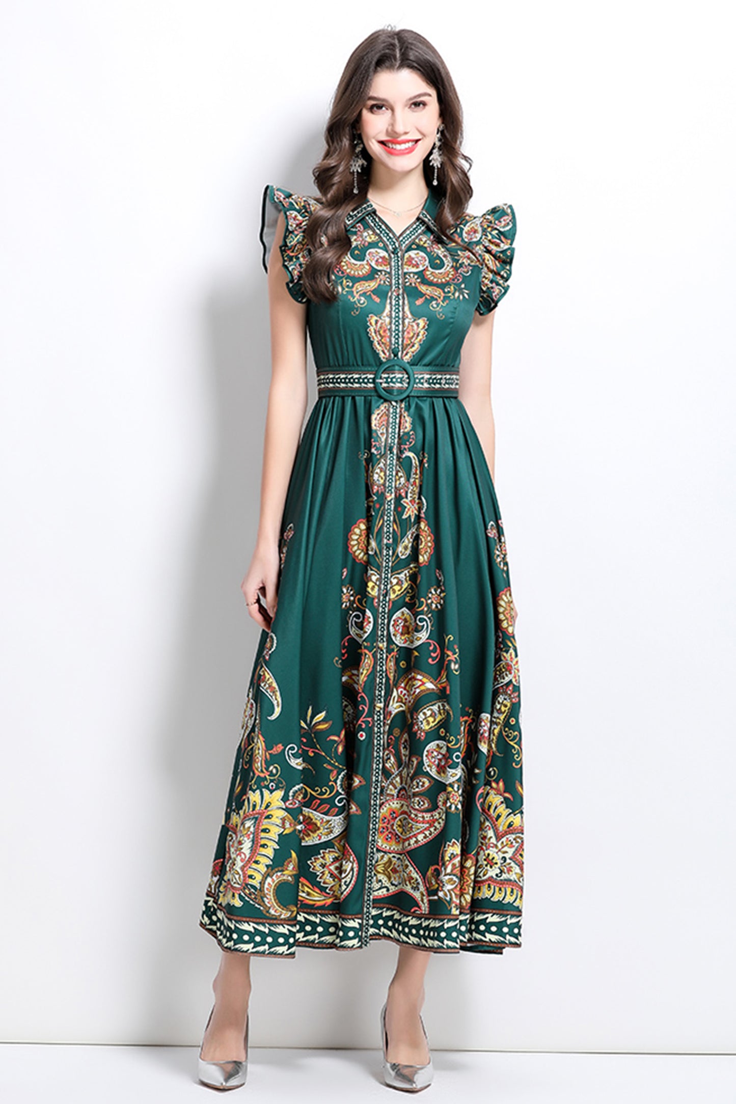 Women's Floral V Neck Sleeveless Ruffles Maxi Dresses