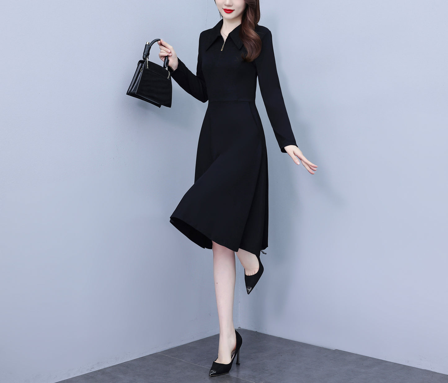 Women's V-Neck with Pockets Long Sleeve Black Dress