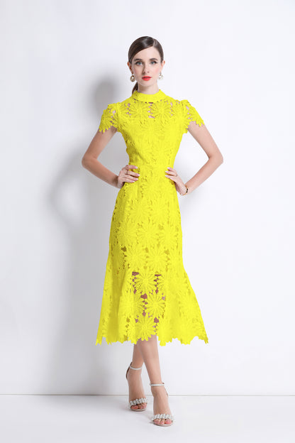 Women Hollow Out Lace Floral Fishtail Midi Dress