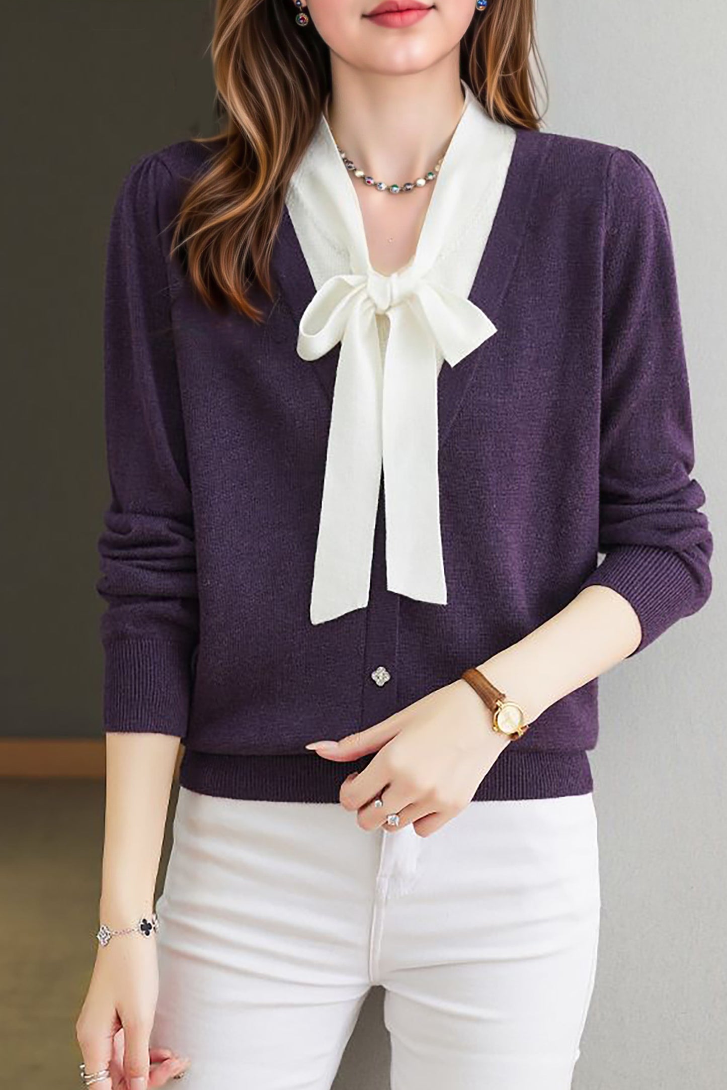 Women's Color Block Tie Neck Knit Top Sweater
