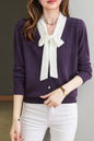 Women's Color Block Tie Neck Knit Top Sweater