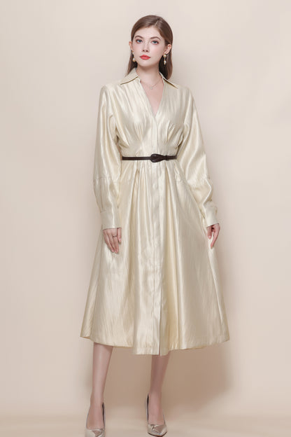 Women's V-Neck Silk Satin Puff Sleeve Button Midi Dress