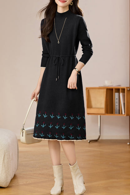 Women's Wool Sweater Drawstring Waist Print Knit Midi Dress