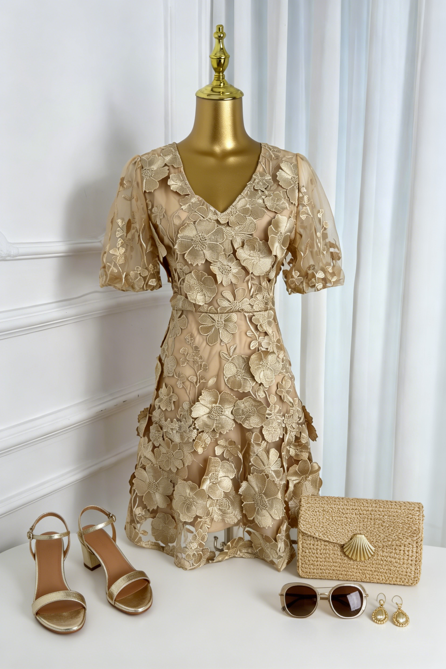 Light Khaki Floral Embroidered Mini Dress in Quiet Luxury Style - LAI MENG FIVE CATS