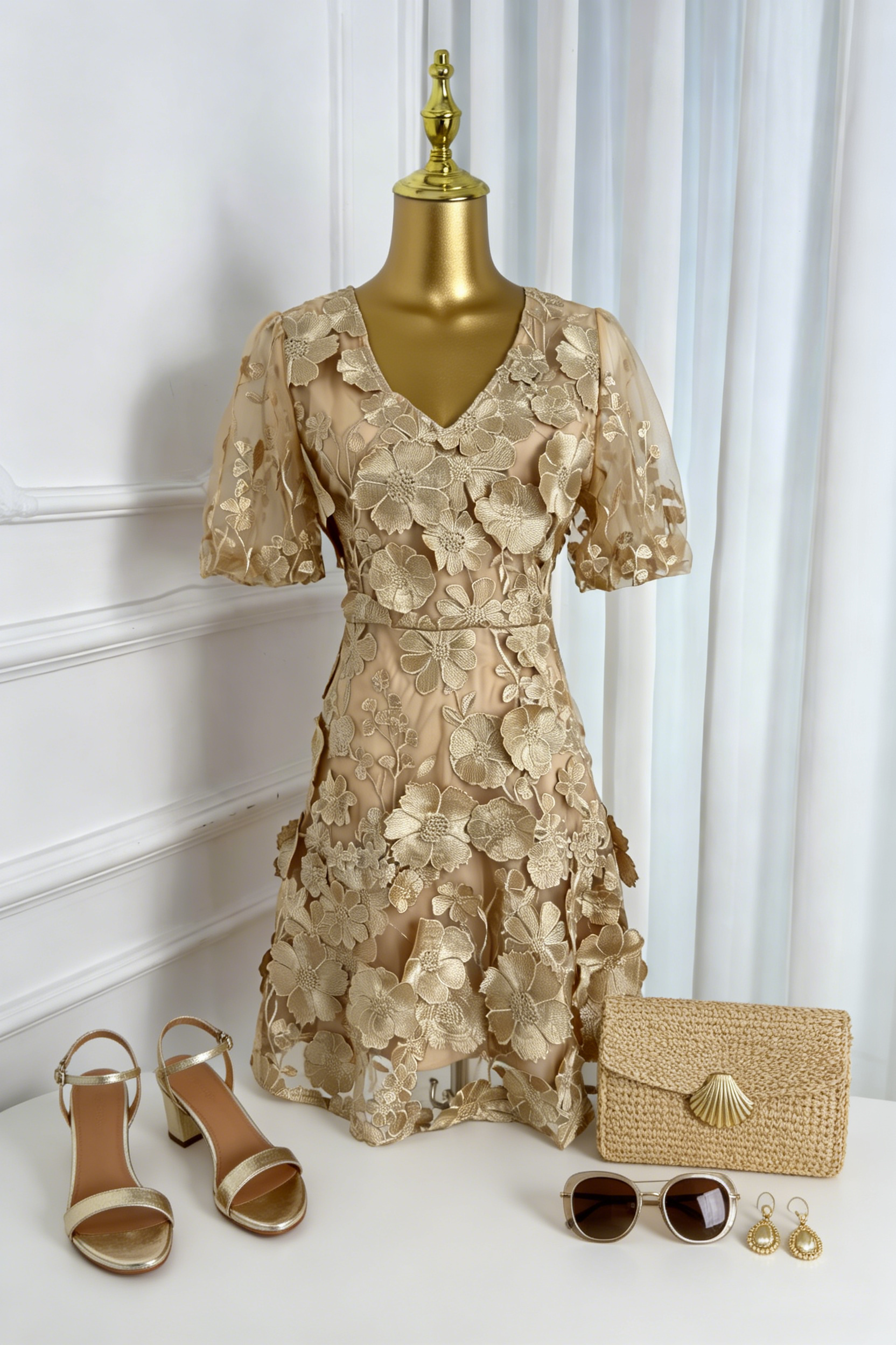 Light Khaki Floral Embroidered Mini Dress in Quiet Luxury Style - LAI MENG FIVE CATS