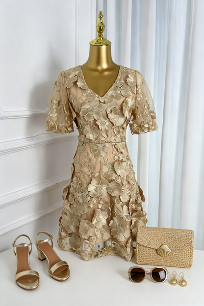 Light Khaki Floral Embroidered Mini Dress in Quiet Luxury Style - LAI MENG FIVE CATS