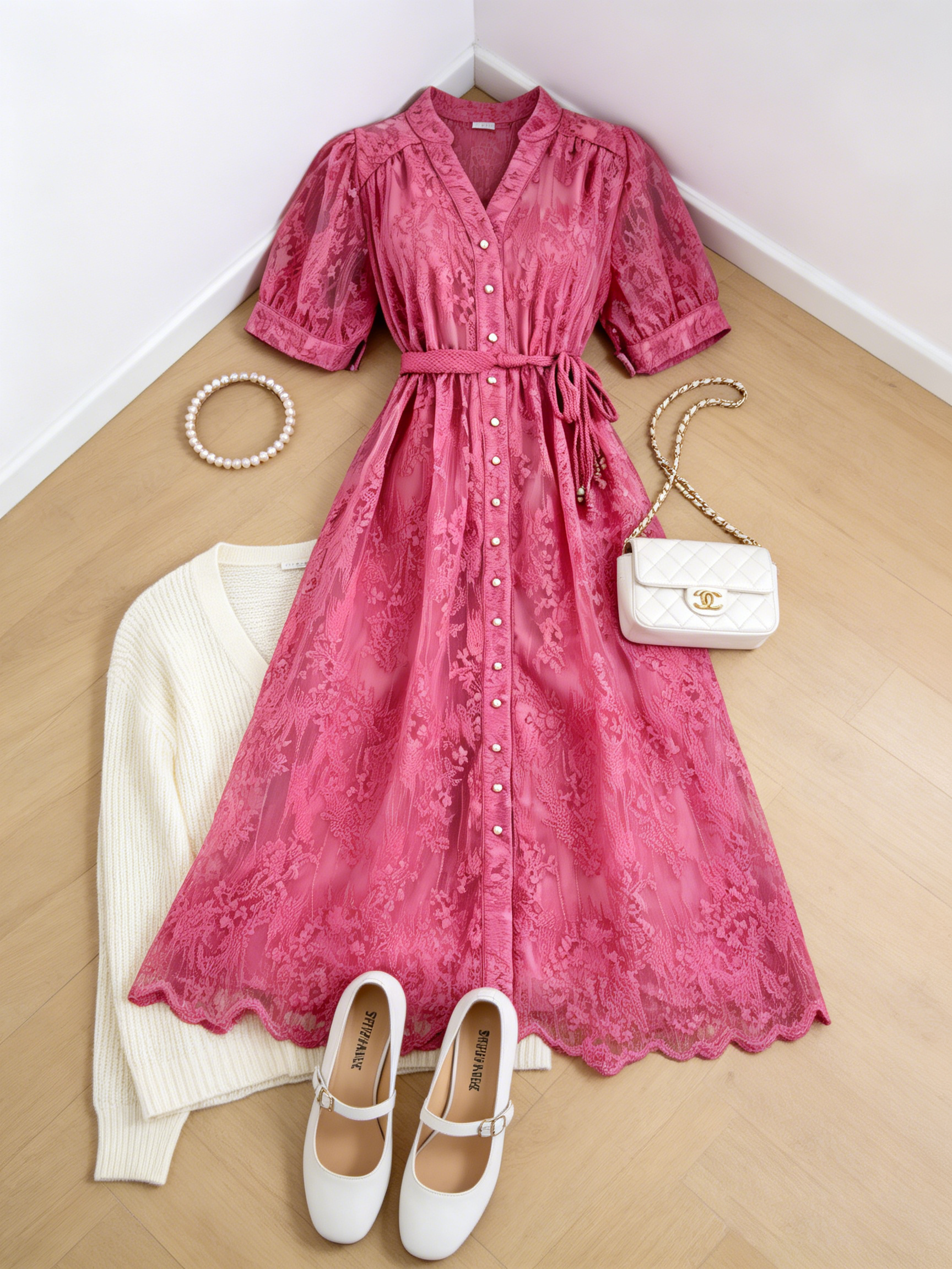 Hot Pink Embroidered Mesh Puff Sleeve Midi Dress - LAI MENG FIVE CATS