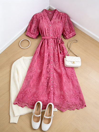 Hot Pink Embroidered Mesh Puff Sleeve Midi Dress - LAI MENG FIVE CATS