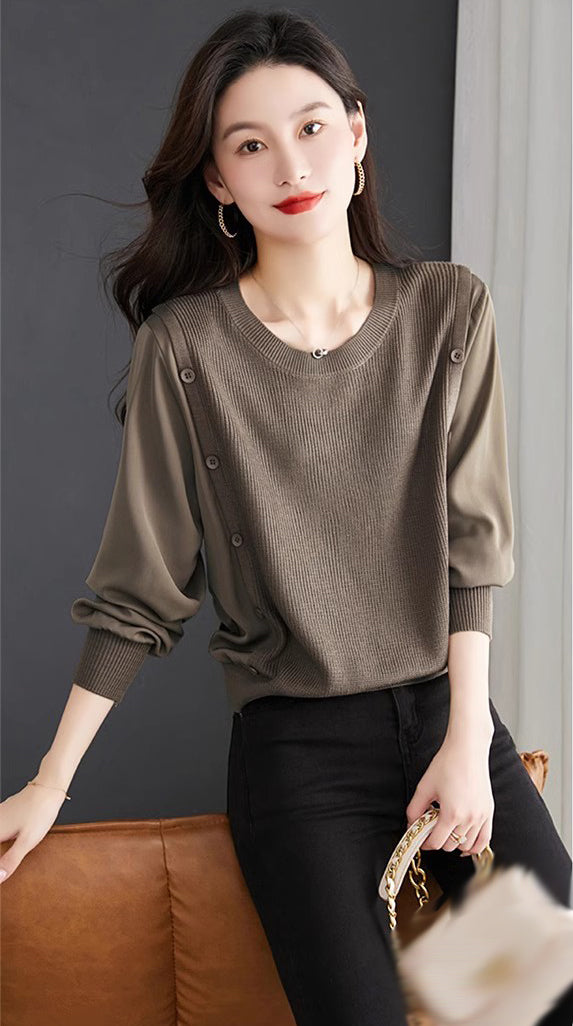 Women's Fall Casual Patchwork Shirt Pullover Loose Blouse Tops