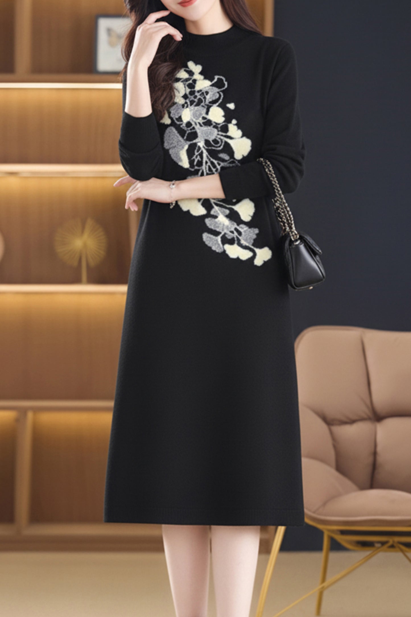 Women's Long Sleeve Sweater Knit Tunic Midi Dress