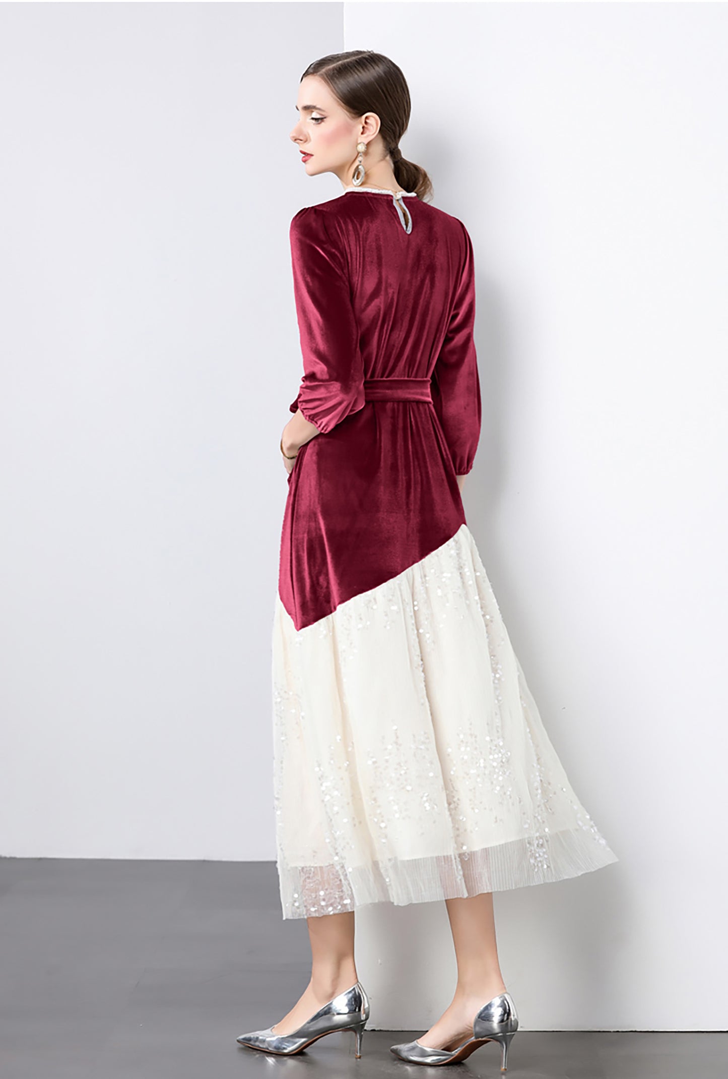 Velvet Lace Patchwork Sequins Midi Dress