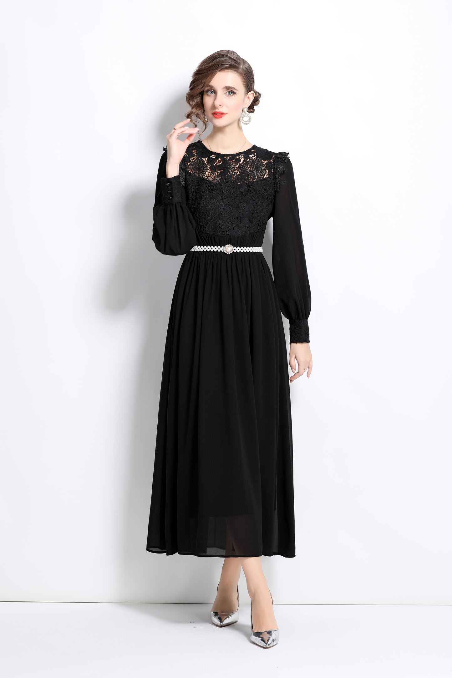 Lace Chiffon Puff Sleeves Maxi Dress with Belt