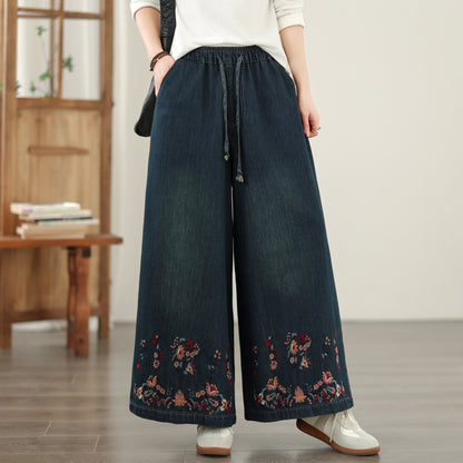 Women's Baggy Jeans Embroidery Elastic Waist Denim Pants