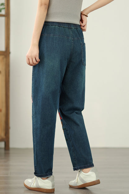 Women's Elastic Waist Embroidery Denim Jeans Pants