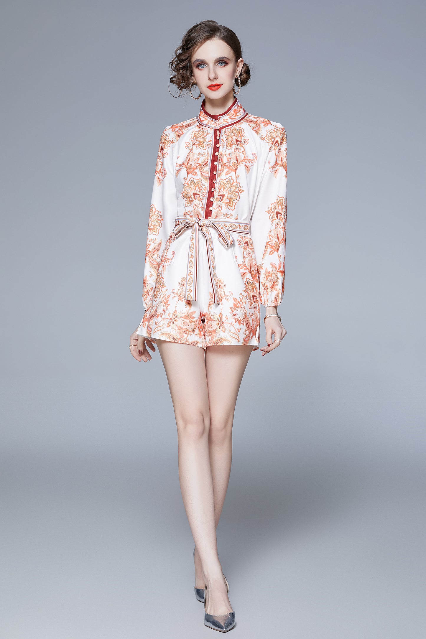 SSY-Women's 2 Piece Short Sets Button Shirt Floral Shorts Sets