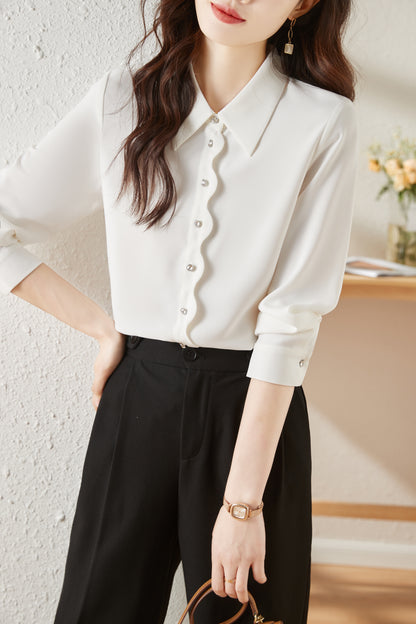 Women's V Neck Lantern Sleeve Blouse Button Tops