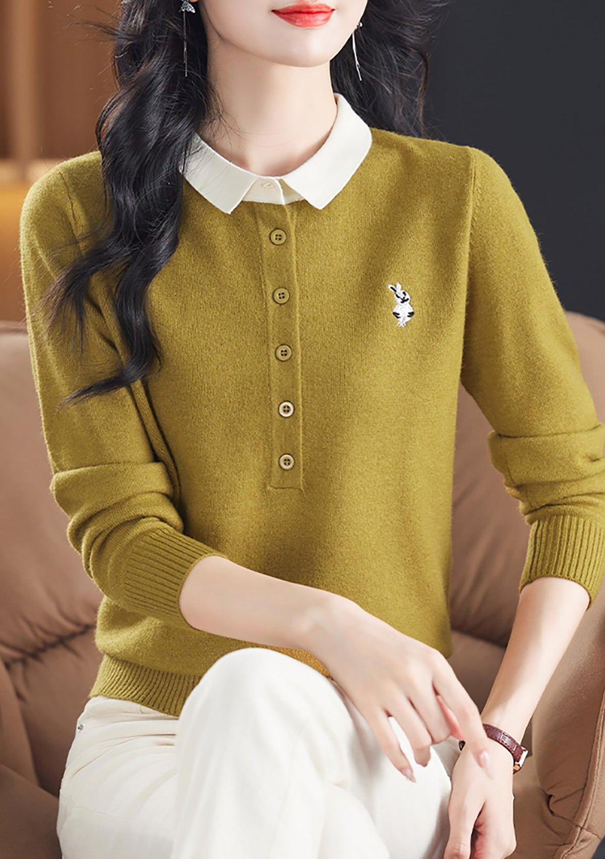 Polo Layered Knit Top with Bunny Embroidery & Contrast Collar