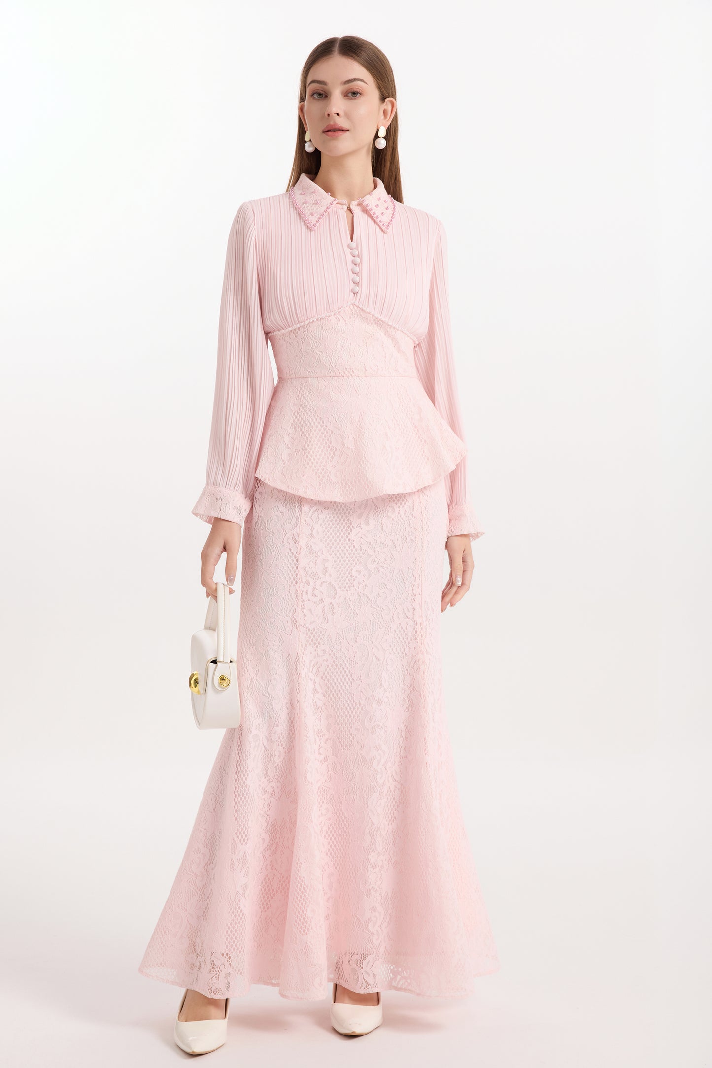 Lace Pearl Top Fishtail Skirt Two-Piece Lace Maxi Set - LAI MENG FIVE CATS