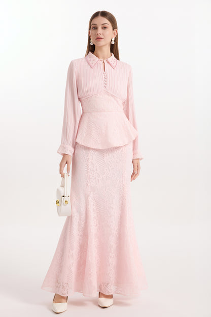 Lace Pearl Top Fishtail Skirt Two-Piece Lace Maxi Set - LAI MENG FIVE CATS