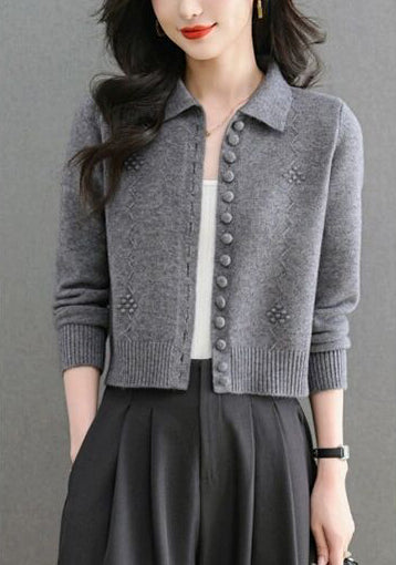 Textured Knit Zip-Up Cardigan Polo Collar Cropped Outerwear