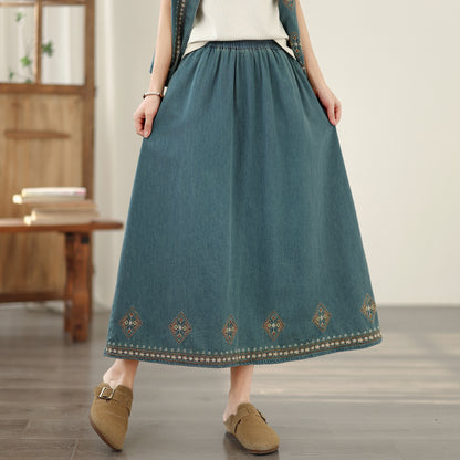 Women's Embroidered Elastic Waist Denim Jean Maxi Skirt Pocket - LAI MENG FIVE CATS