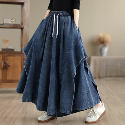 Women Loose Denim Skirt Pants Baggy Elastic Waist Casual Wide Leg Jeans