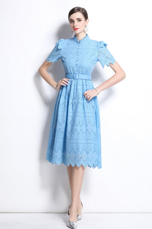 Women's Short Sleeve Lace Buttons Ruffles Midi Dress