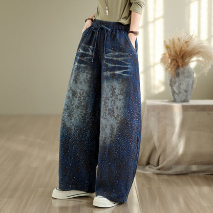 28679-Vintage Galaxy Speckle Denim Wide-Leg Pants with Drawstring Waist