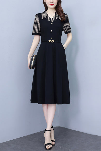 Women's Lapel V-Neck Pocket Short Sleeve Midi Dress - LAI MENG FIVE CATS