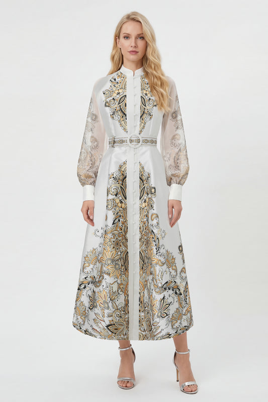 26-Women's Puff Sleeves Floral Print Button Maxi Dress