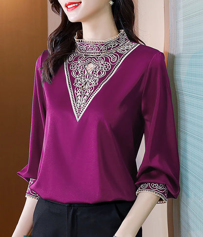 Women's Satin Embroidered Patchwork Shirt