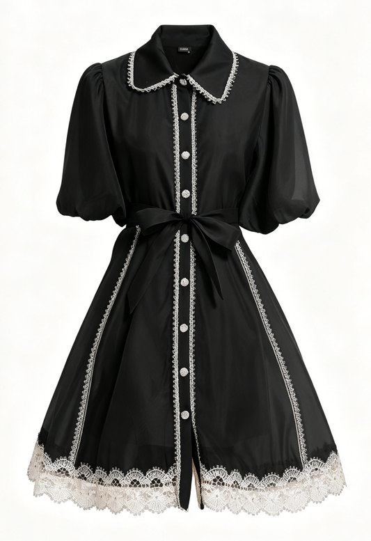 Black Lace Trim Organza Mini Dress