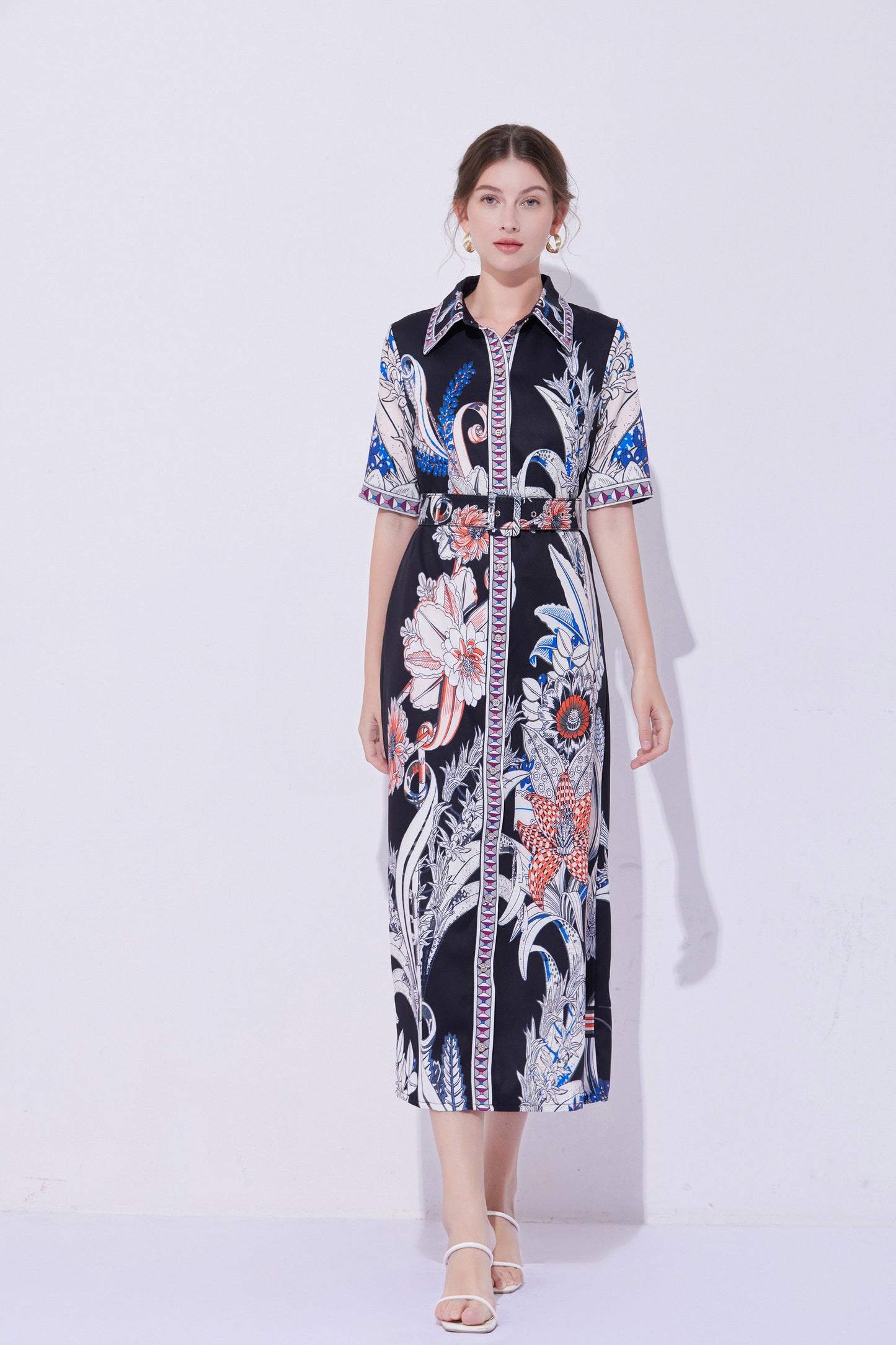 FSY-Women's Short Sleeve Collar Button Floral Midi Dress
