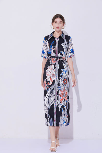 FSY-Women's Short Sleeve Collar Button Floral Midi Dress