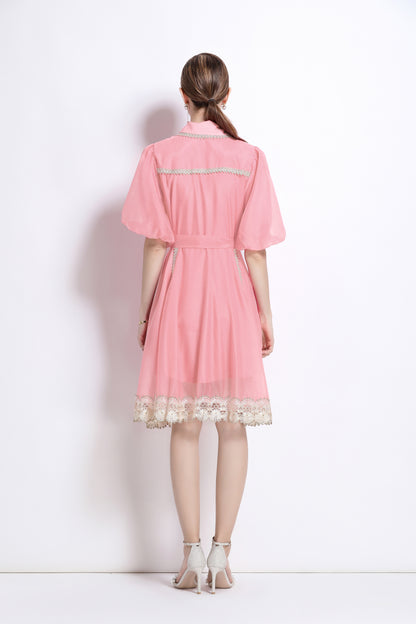 Pink Button Up Lace Trim Mini Dress