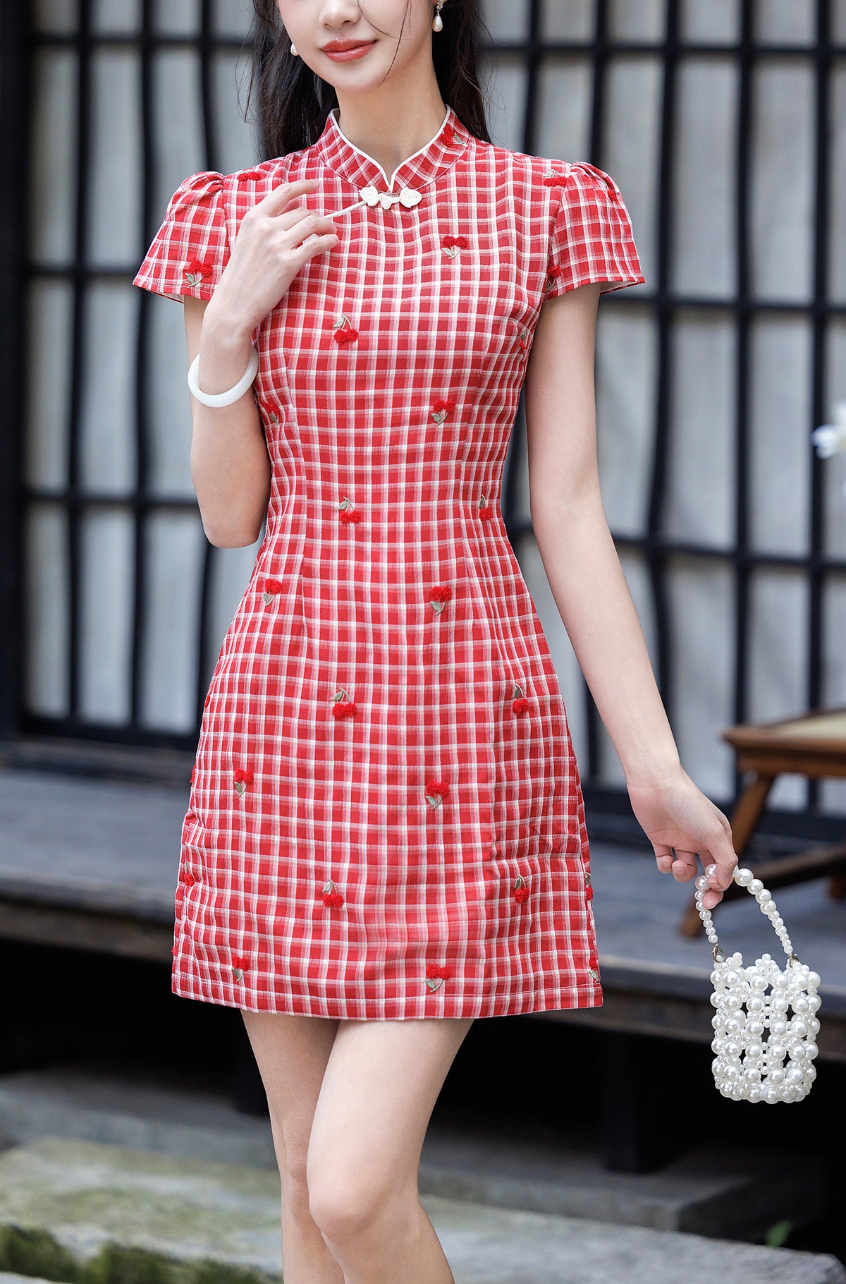 Red Cherry Gingham Cheongsam with Puff Sleeves Qipao Mini Dress