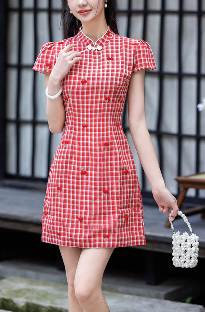 Red Cherry Gingham Cheongsam with Puff Sleeves Qipao Mini Dress